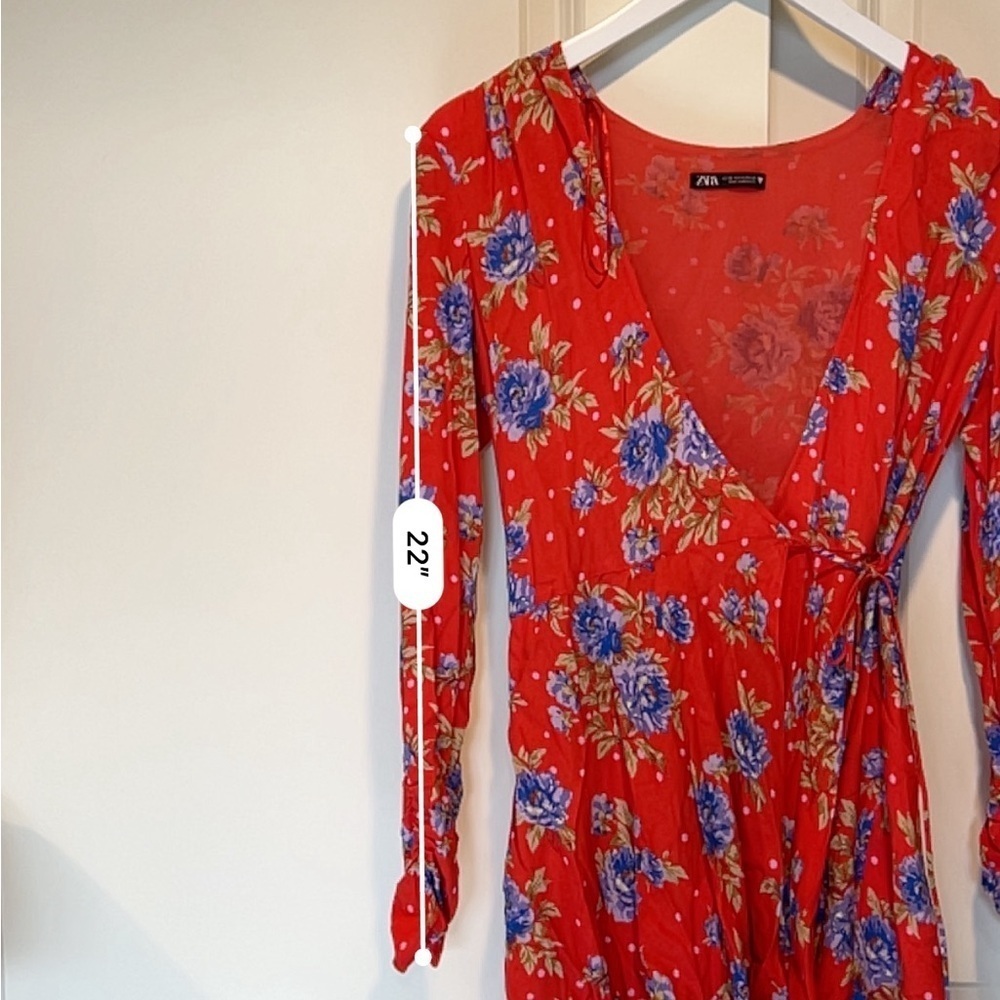 Zara Red Floral Wrap Sleeved Summer Dress - XS - Picture 8 of 10